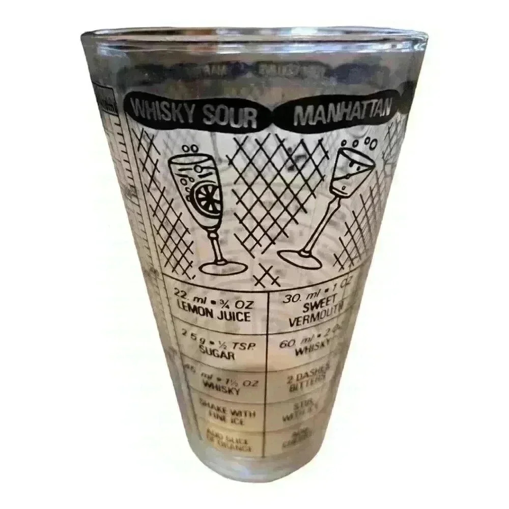 Vintage Irvinware USA Glass w/‎ Black Recipes Drink Cocktail Shaker Bar Mixer